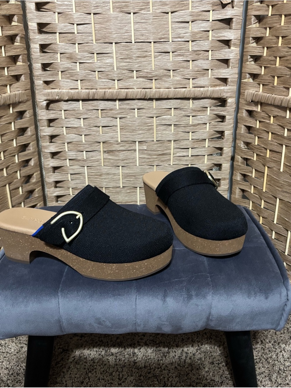 Rothy’s Black Slip-On Clog Mules with Brown Platform